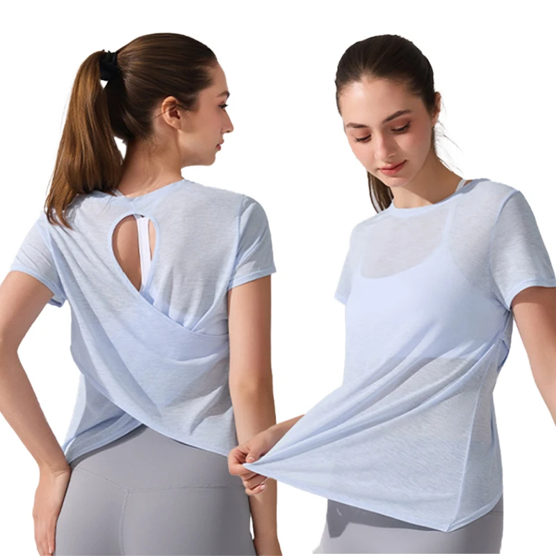 

Быстросохнущая футболка для фитнеса и бега с перекрестной спинкой, одежда для йоги, спортивные топы, женская легкая толстовка, летняя с коротким рукавом