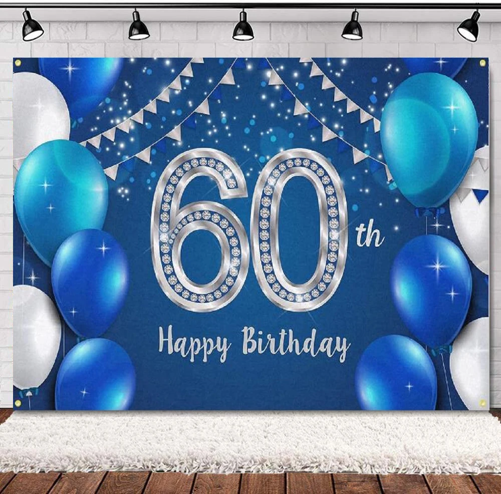 

Photography Backdrop 60 Years Old 60th Birthday Decoration Party Background Banner Supplies For Women Men - Blue Silver Balloons