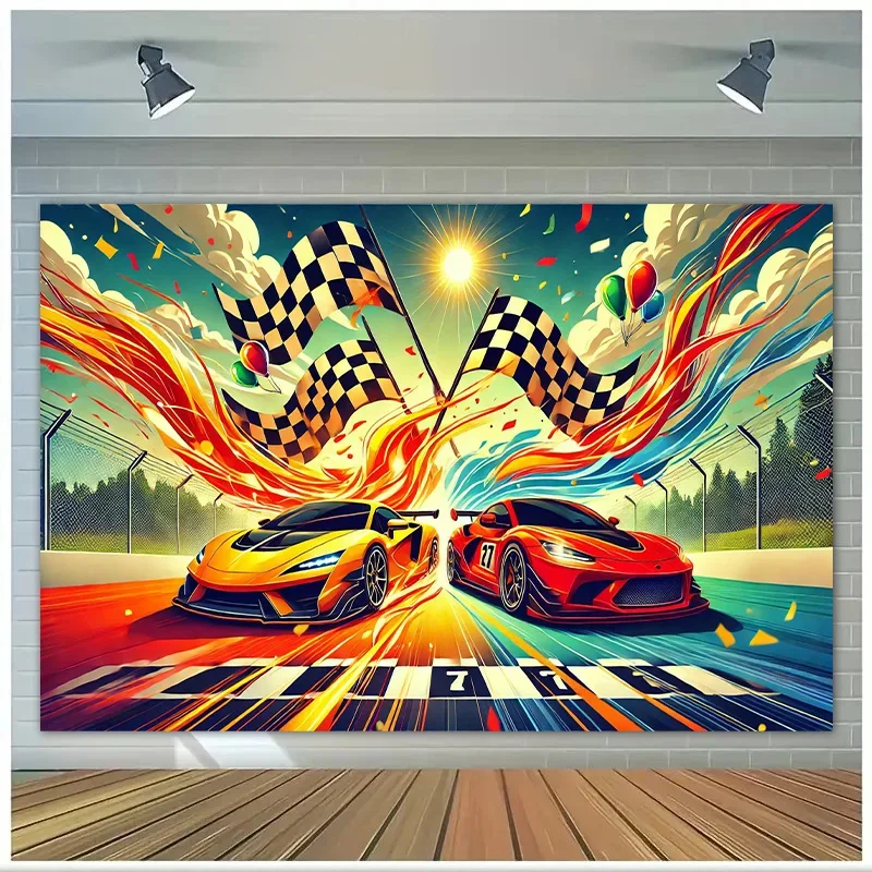 1pc Racing Cars Wall Tapestry 2d Vibrant Colors Sports Theme Decor Living Room Bedroom Checkered Flags Speed Action