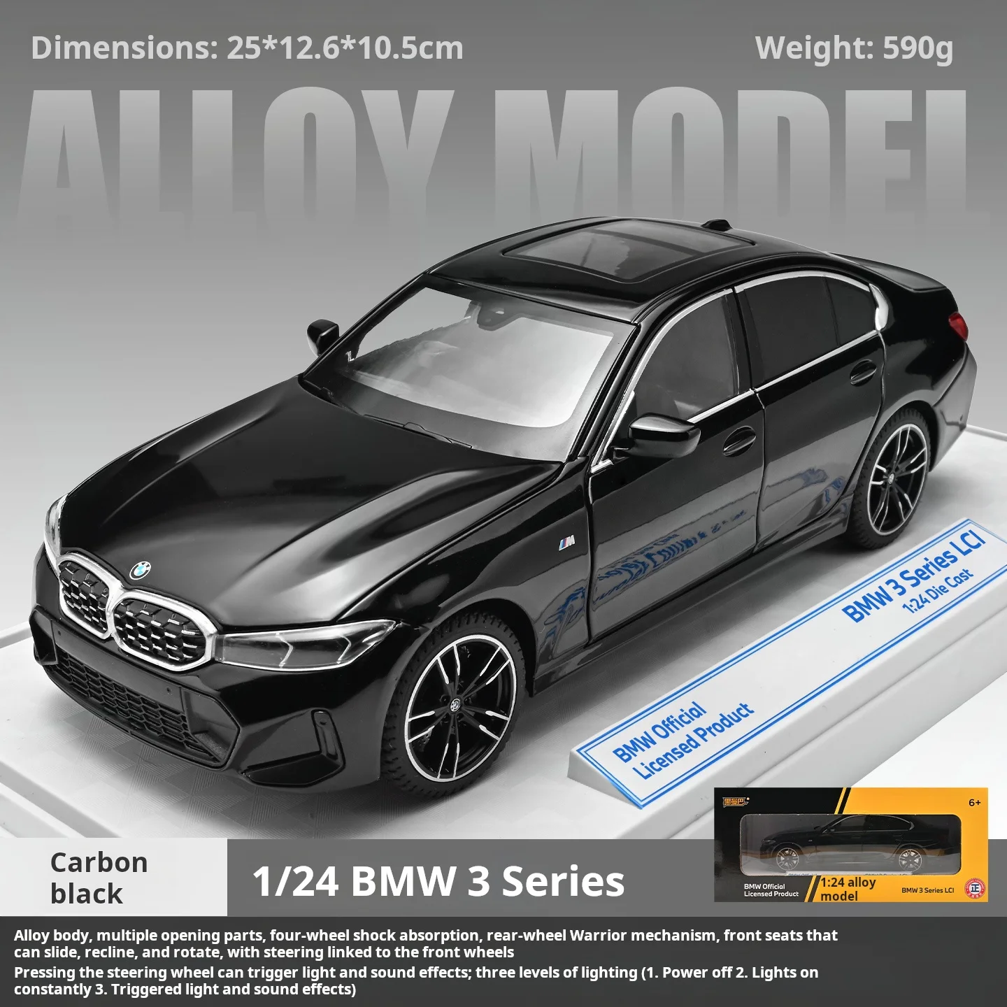 1:24 BMW 3-serie, modelauto van gegoten metaal, gedetailleerd voertuig, decoratief object met beweegbare stoelen, speelgoedauto met terugtrekmotor, cadeau voor jongens, verzamelobject.