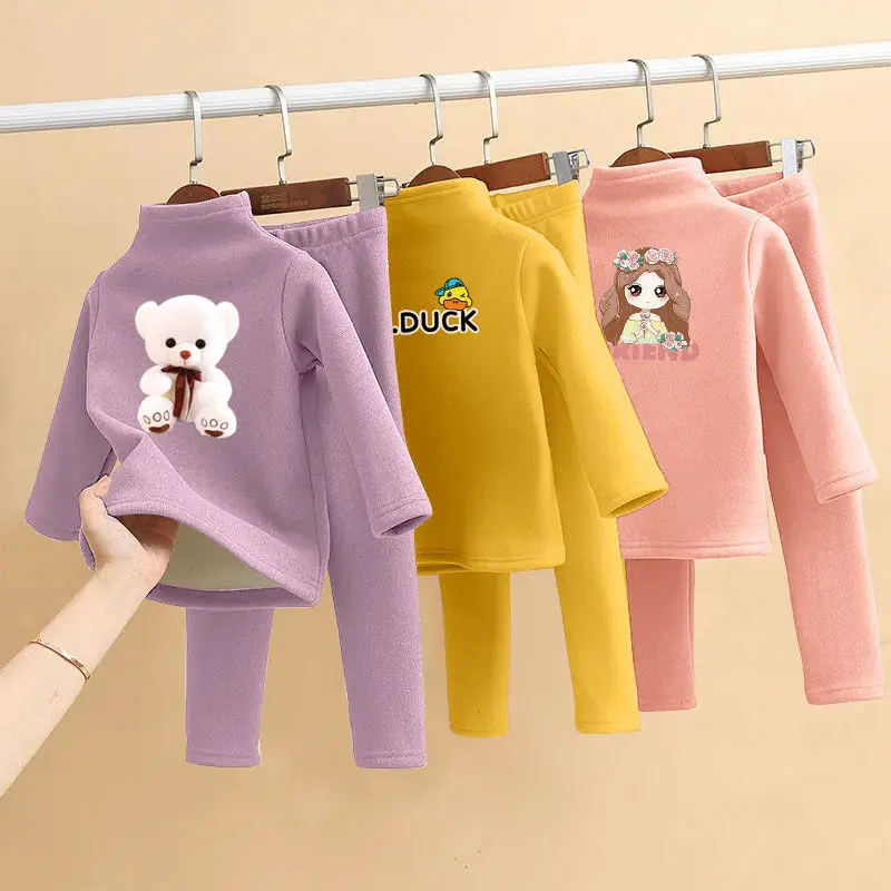 Children's Winter Fleece Clothes Set Cotton Warm Casual Middle Large Kids Underwear Home Wear Two-piece Set Pajamas