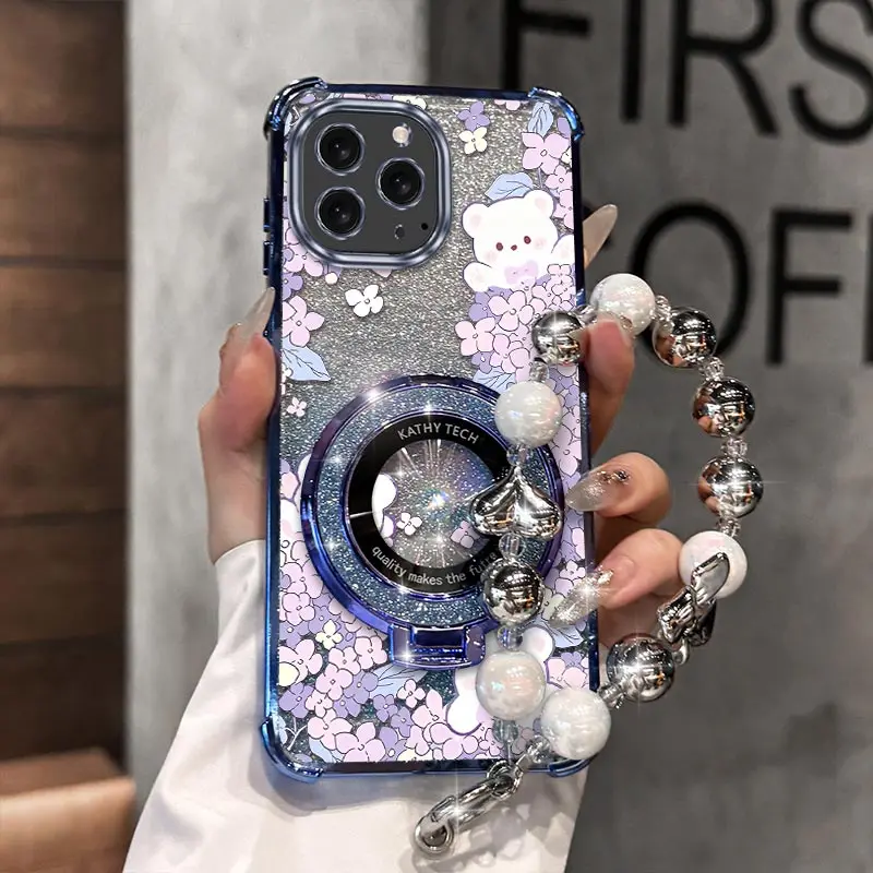 

16 ProMax Lively Bear Plating Bracelet Holder Phone Case For iPhone 13Pro 14 16Plus 14Pro 15Pro 15ProMax 16 13 15 13Mini Cover