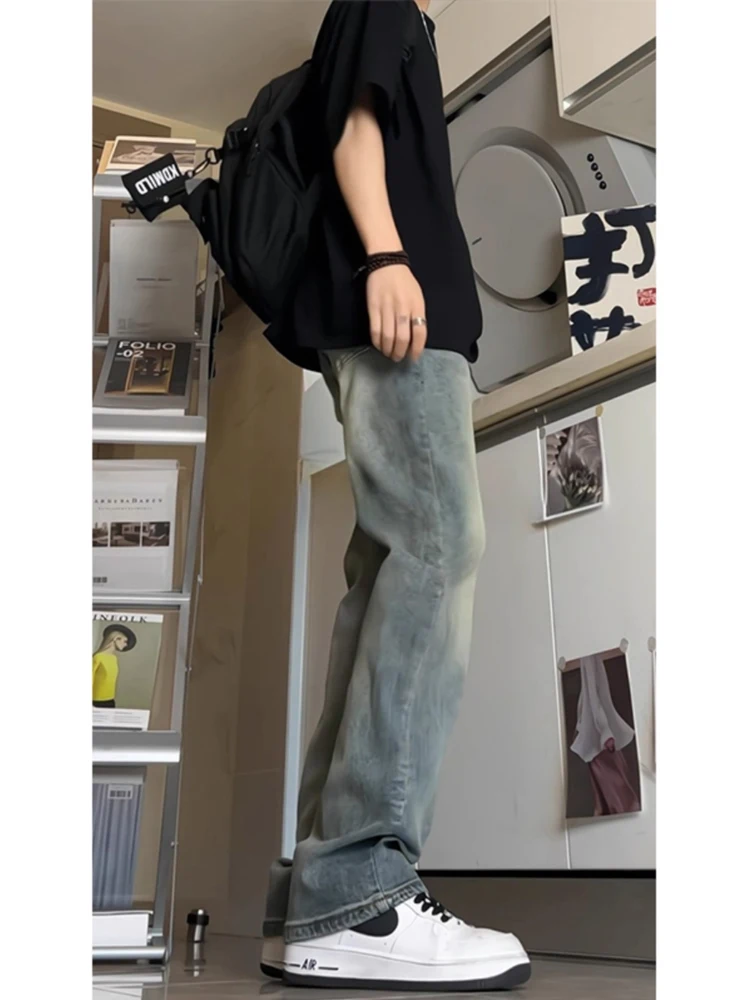 レトロブルースリムフィットメンズジーンズハイウエストロング丈ウォッシュアメリカンスタイルジーンズベルボトムユーストレンドコットンポリエステルブレンド