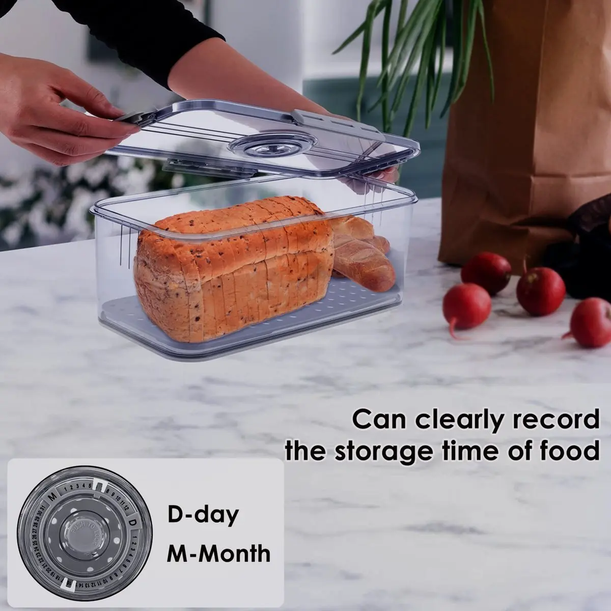ABZT Sealing Bread Box Food Grade Food Storage Container with Snap Time Recording Bread Vegetable Fruit Baskets Storage Box