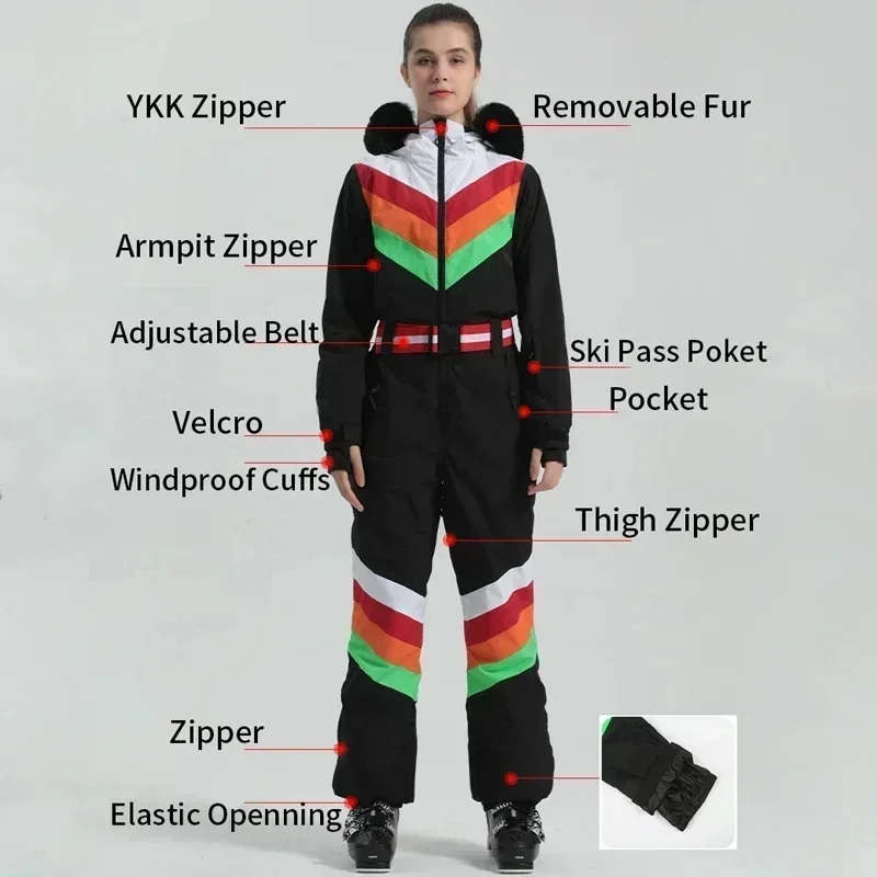 Macacão de esqui com capuz quente feminino, macacão esportivo ao ar livre, traje de treino feminino, snowfield, roupas de esqui adulto, inverno novo