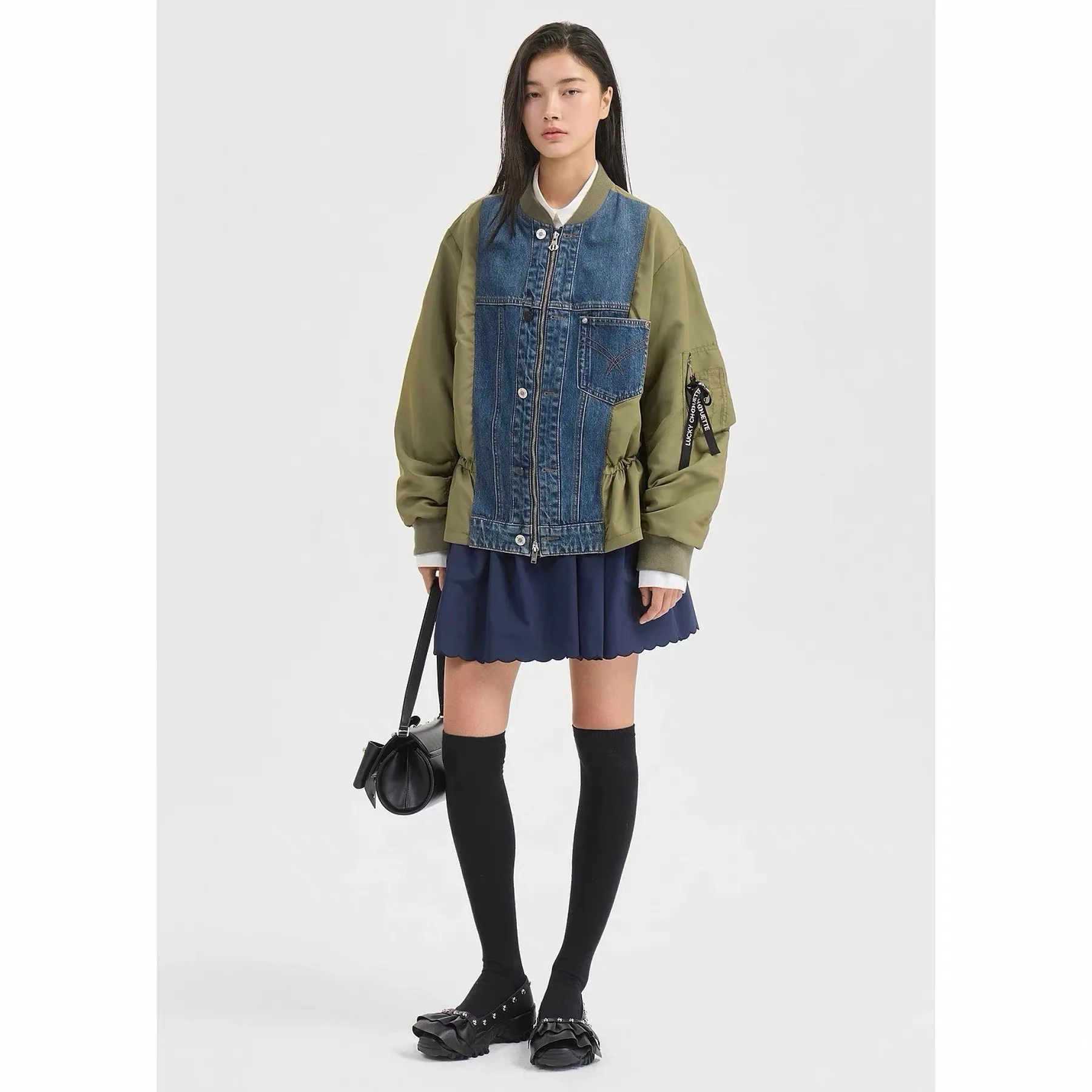 Lemon Remote High Quality LUC26 Autumn Casual Versatile Drawstring Slimming Denim Patchwork Jacket Outerwear in Two Colors