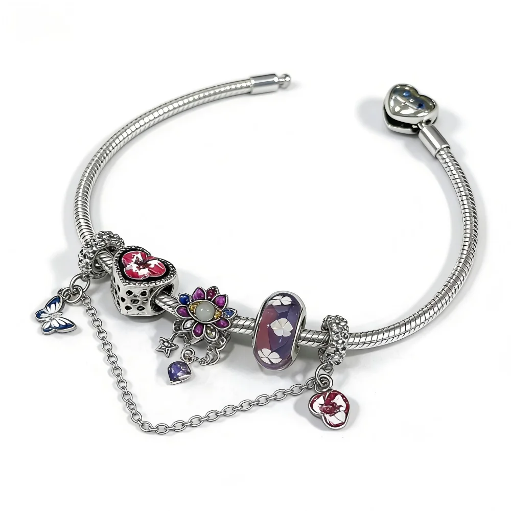 

Original Jewelry Set 925 Silver Pink Flowers Charms Purple Lotus Murano Glass Beads Heart-shaped Bracelet Jewelry Gift with Box