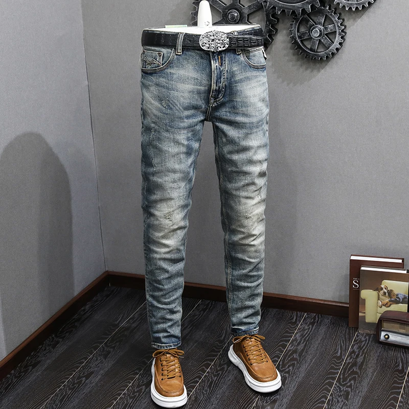 Italian Style Fashion Men Jeans High Quality Retro Washed Blue Stretch Slim Fit Ripped Jeans Men Vintage Designer Denim Pants
