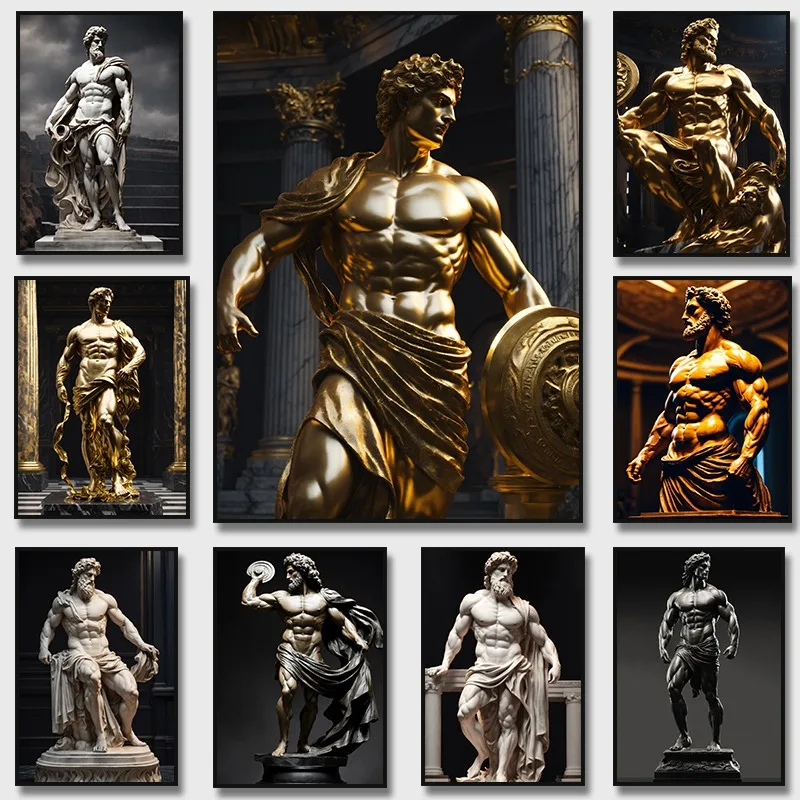 Gold Statue Muscular Greek God Statue Prints Poster Canvas Painting Modern Wall Art Picture Living Room Bedroom Home Decor