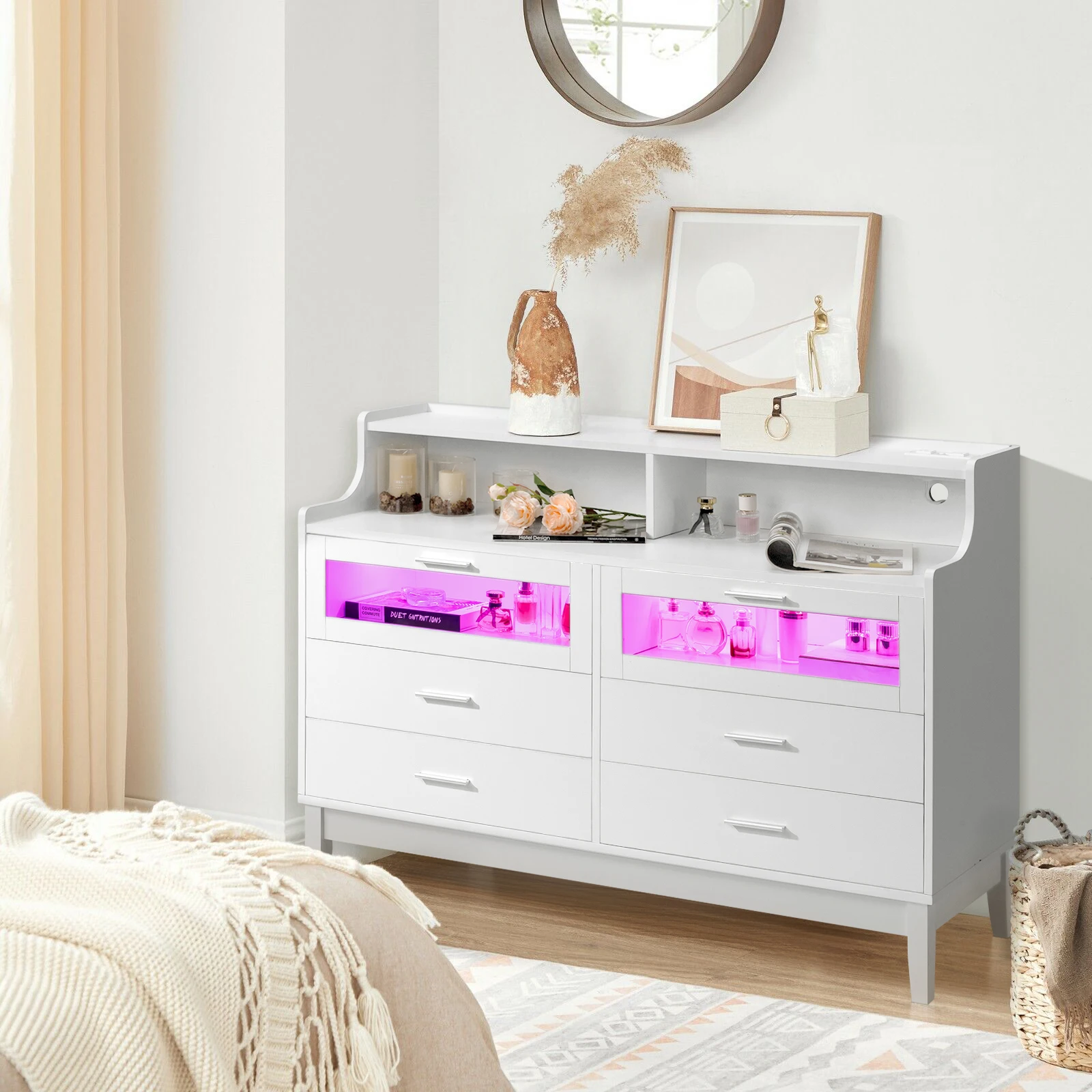 White Wood Tempered Glass Drawer Dresser with LED Light Strips & Charging Station & USB Ports Bed Table