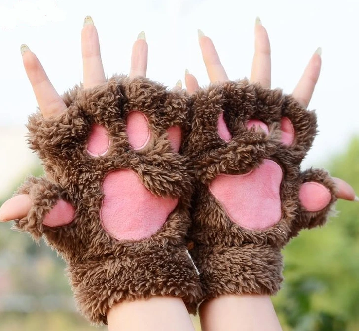 Soft Warm Plush Cat paw Gloves Fingerless Flip Half Finger Mittens Women Winter Cute Cat Paw Fluffy Velvet  Glove Girls Students