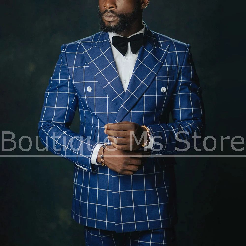 

Men's Checkered Suit Set Fashion Double Breasted Peak Lapel Outfits 2 Piece Formal Attire for Wedding Party Smart Casual Suits