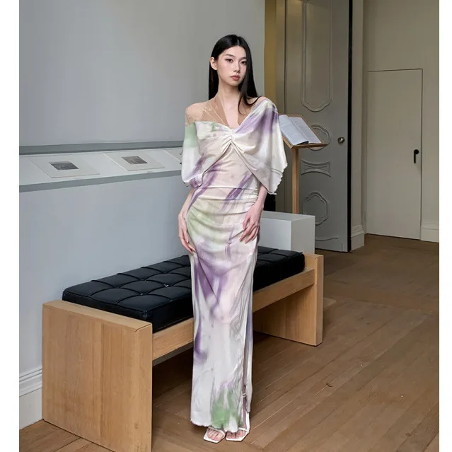 

Retro Printed Pleated Lace Spliced Batwing Sleeve Fishtail Skirt For Women Slim Vacation Style Long Dress With Built-in Bra Pads