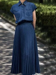 Retro fashion lapel iron button letter pocket blue denim jacket+high waist pleated skirt spring new two-piece women's suit