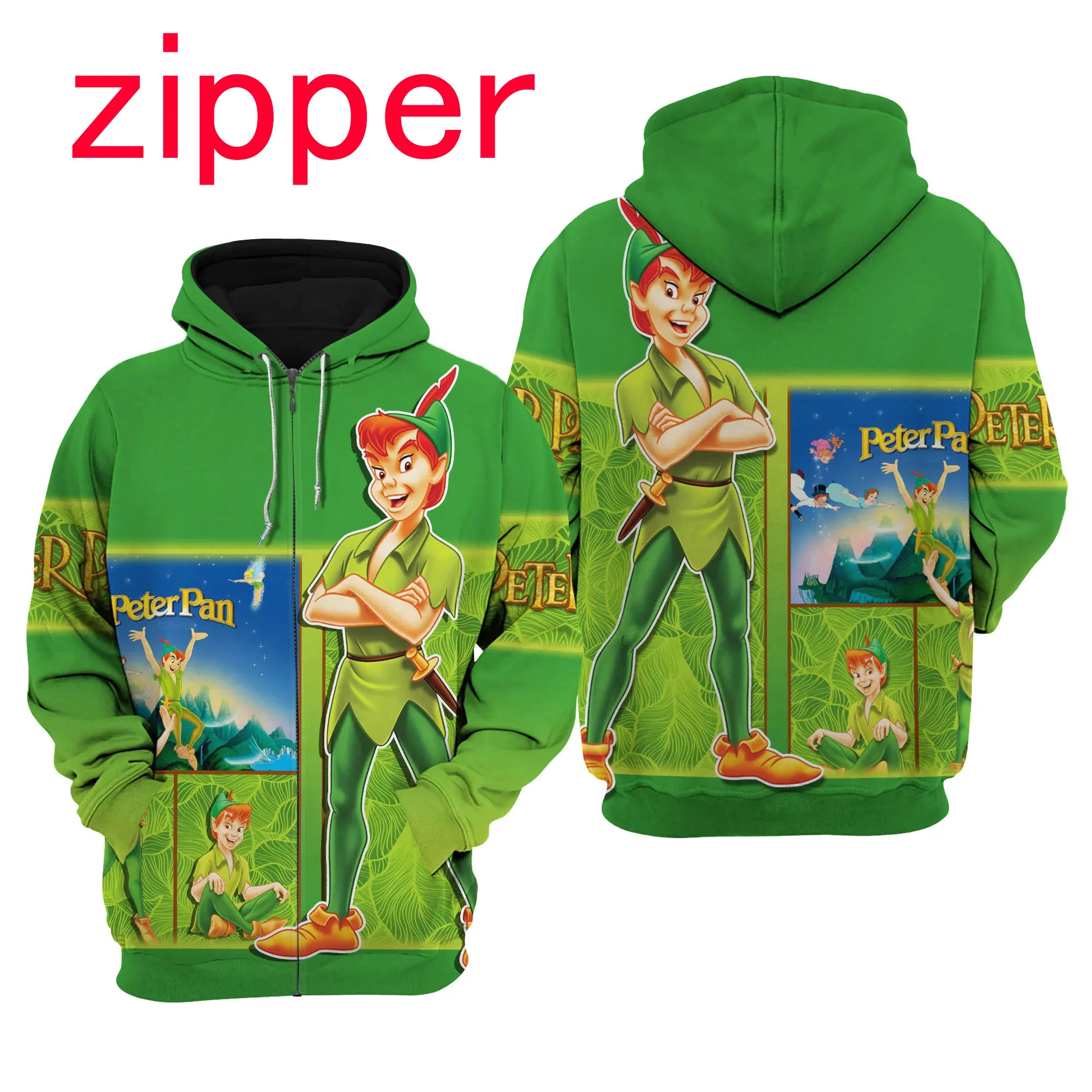 

Spring and Autumn 3D Printing Peter Pan New Men's Pullover Women's and Children's Cosplay Large Fashion Zipper Hoodie