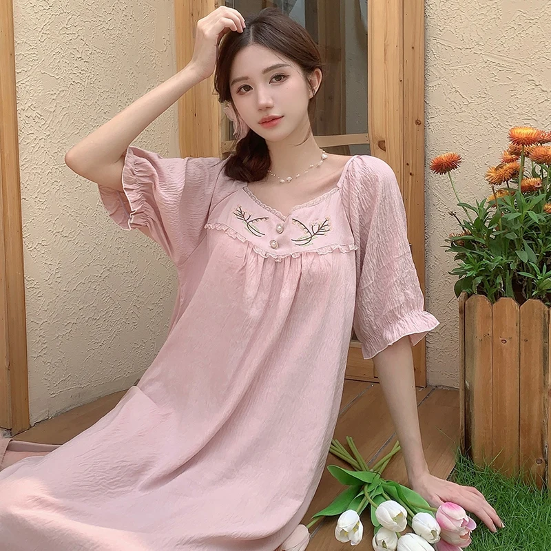 Summer Short Sleeve Cotton Long Dress Nightgowns for Women Korean Cute Lace Sleepwear Student Night Dress Nightdress Home Nighty