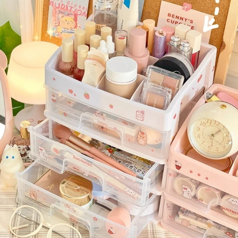 Ins Transparent Drawer Storage Box Pink Cosmetic Finishing Makeup Box Dormitory Kawaii Shelf Cute Girl Heart Desktop Organizer