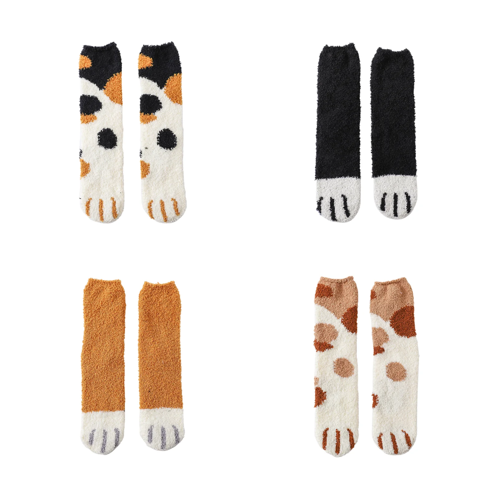 Cat Claw Cute Thickened Warm Floor Socks Combination: Black Dots + Pure Black + Yellow + Khaki Dots