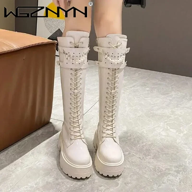 Winter Leather Warm Plush Boots Women Pearl Knee High Boots Casual Chunky Punk Shoes Woman 8.5CM High Heels Platform Long Boots