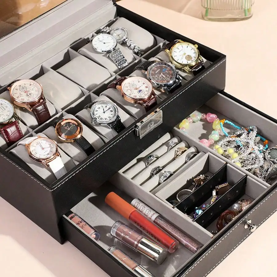 12 Slot Leather Watch Box with Drawer, Luxury Watch Display Case Storage Organizer, Black Mens Jewelry Box for Watches, Bracelets & Necklaces, Gift for Men