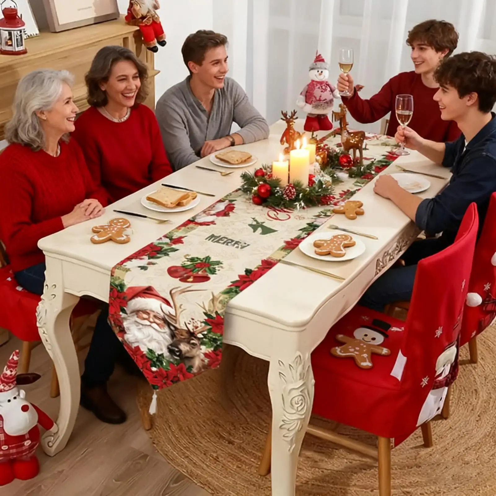 

Christmas Table Runners Linen Long Soft Tablecloth Gingerbread Man Santa Claus Winter Table Runner For Winter Party Decorations