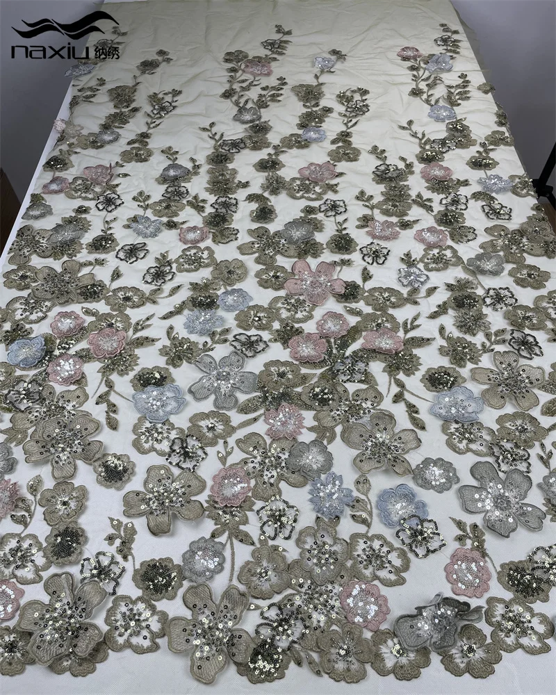 

Madison African 3D Lace Fabric French Net Sequins Fabric Embroidery With Beads Lace Tulle Mesh Nigeria For Dress Sewing 5 Y