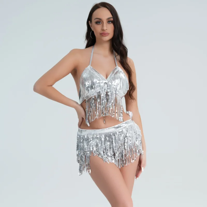 Sexy Paaldansen Sprankelende Luxe Carnavalsoutfit Franje Rugloze Halter Vetersluiting Top Mini Shorts Feestclub Cosplay