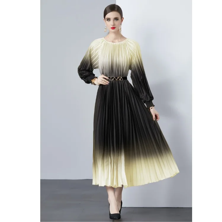 2024 New Women's Dr Accordion Pleated Super Large Skirt Loose Waist Long Sve round Ne X-ape Mid-Length Polyester Fiber