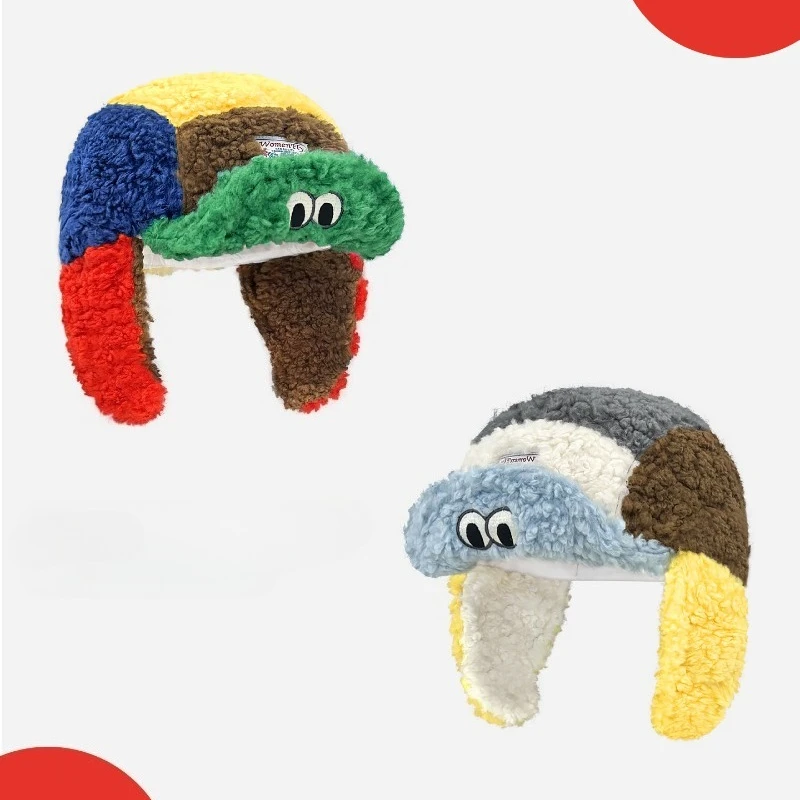 

New Five-panel Color Matching Lamb Wool Flying Hat Winter Men and Women Can Turn Over The Brim Cartoon Eye Funny Lei Feng Hats
