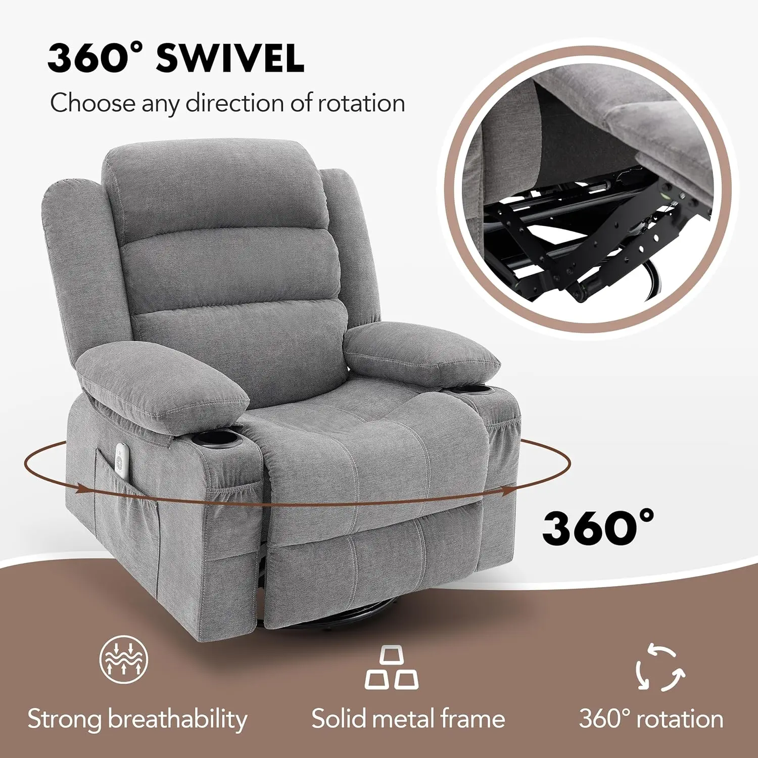 Chair with Heat and Massage, 360° Swivel Recliner Chairs for Adults, Oversized Recliner Single Sofa Seat with Cu