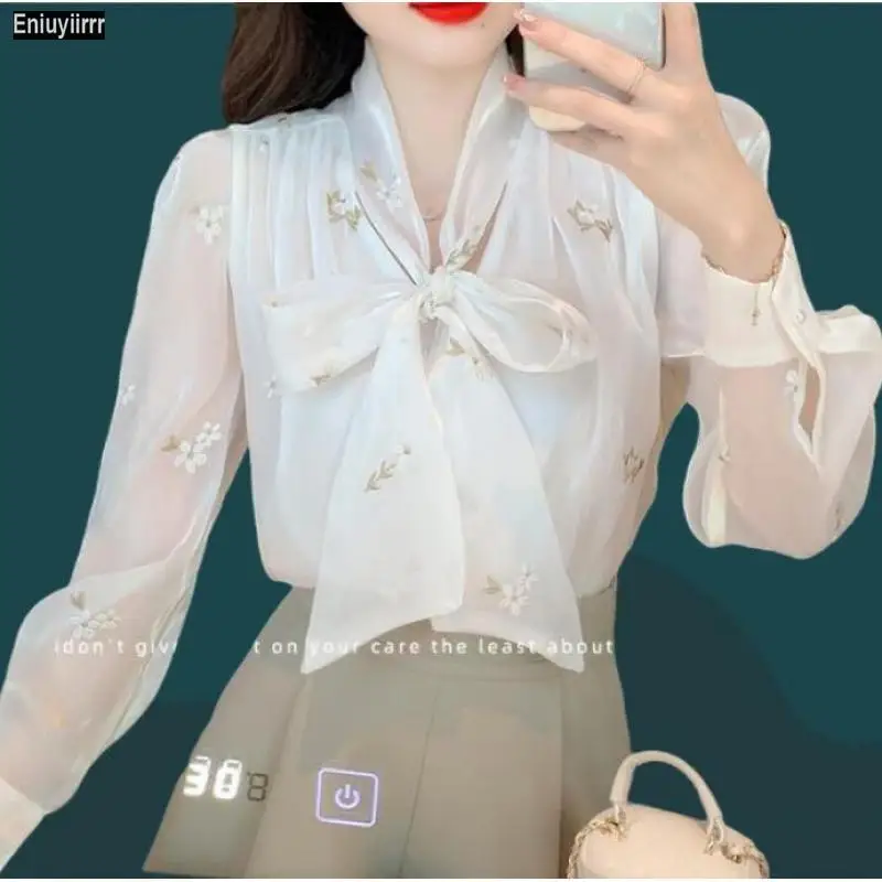 Hot Sales2023 Women French Design Long Sleeve Elegant Office Lady Work Basic Shirt Casual Pink White Bow Tie Tops Blouses