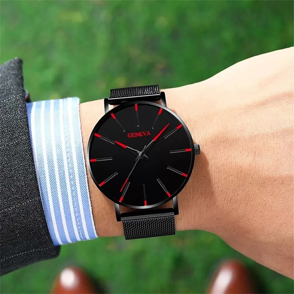 3PCS Set Fashion Mens Business Watches For Men Black Bracelet Necklace Luxury Ultra Thin Stainless Steel Mesh Belt Quartz Watch