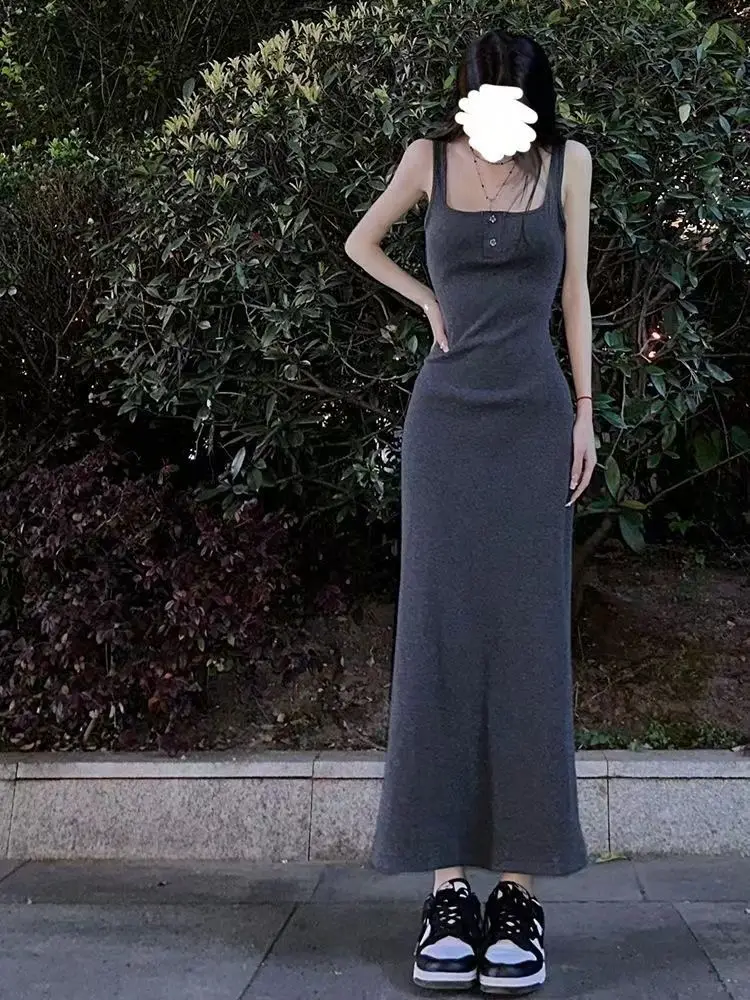 Trumpet Maxi Dress Women Solid Simple Hotsweet Korean Style Fashion New Sleeveless Defined Slim Chic Sexy Square Collar Vestidos