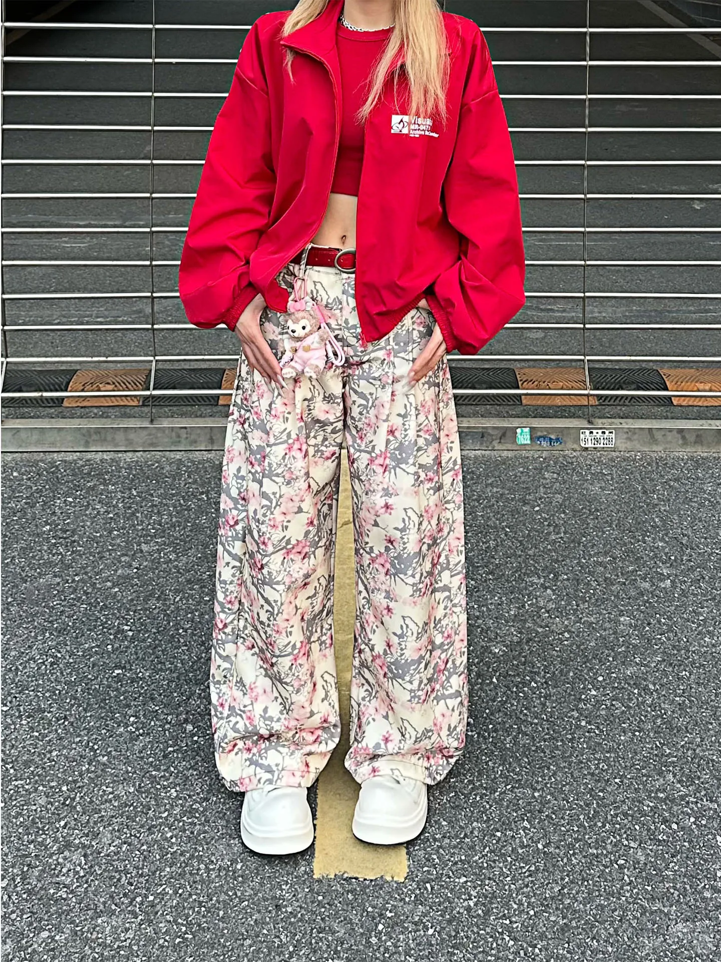 

NNK American Retro Deconstructed Design Pressed Pleat Flower Print Denim Pants Loose Wide Leg Casual Trousers for Men And Women