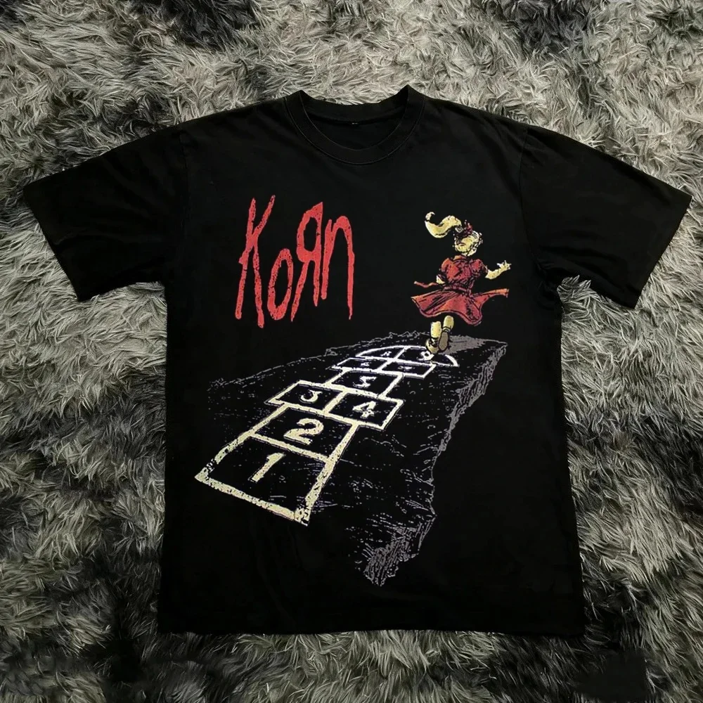 2026 Summer Korn Follow The Leader Cotton Printed T-Shirt Double-Sided Metal Band Tee Men's and Women's Oversize Couple Tee Tops