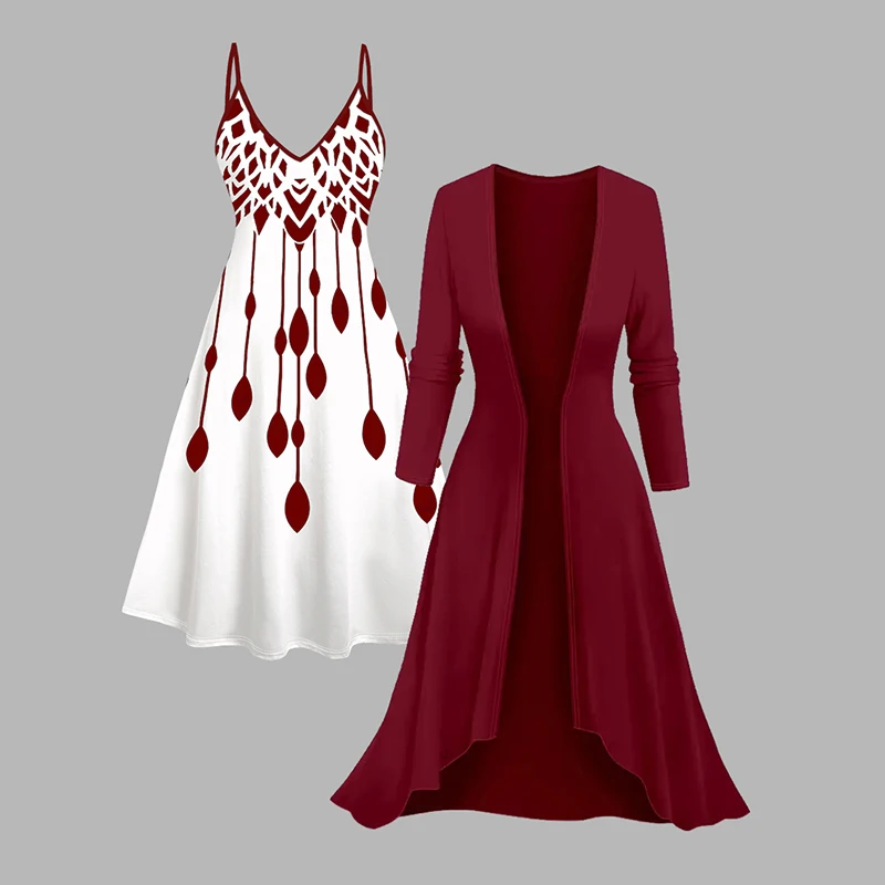 Dressfo New Women's Dress 2pcs Vacation Set Geometric Print Spaghetti Strap Dress and Solid Color Open Front Top Set