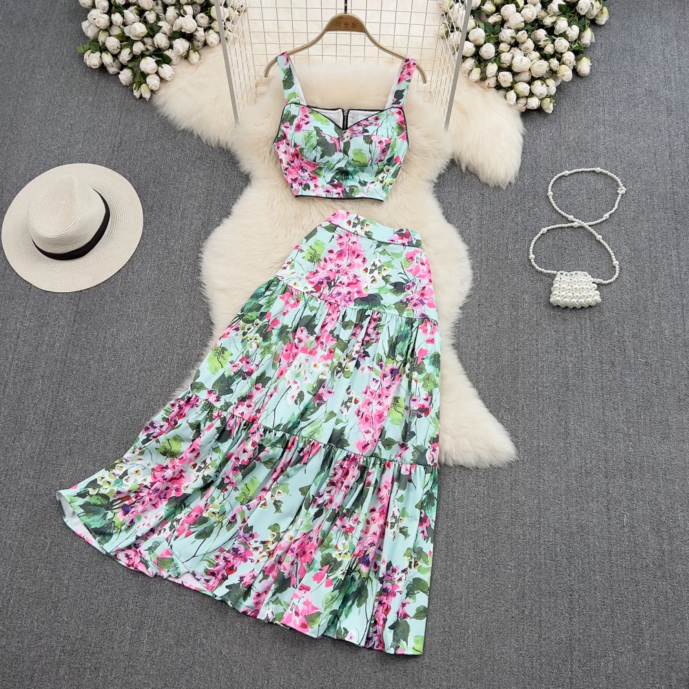 Flower Two Piece Sets Women Dress Suits Sexy Crop Tops + Pleated Maxi Long Skirts Summer 2pcs Sets Outfits 2023 New