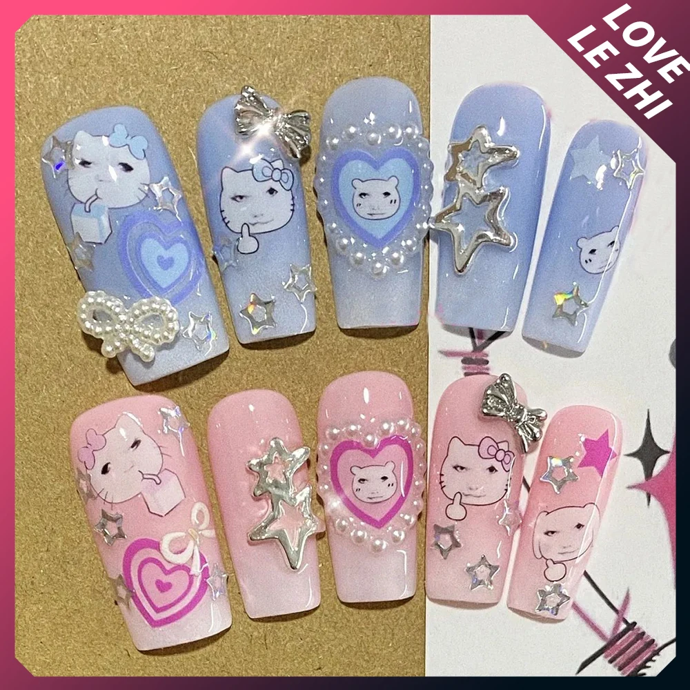 Customization Diy Hello Kitty Nails Pink Blue Gradient Silver Star Y2K Handmade Press On Tips Nails Design Manicure Girls Gift