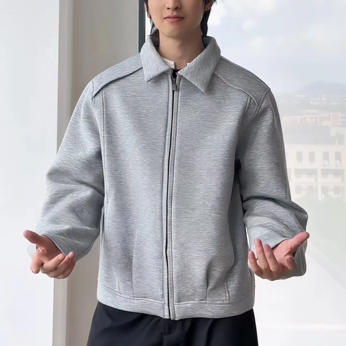 

Pure Color Autumn New Sle Japanese Retro Flannel Men's Jaet Loose oulder Casual Top Outerwear Stand Fit Long Sve