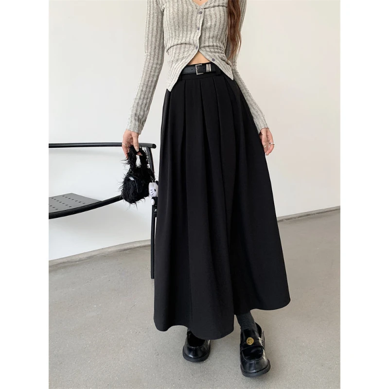 Deeptown Preppy Style Pleated Skirts Women Elegant Korean Style Belt Mid-length Skirt Black Fashion Casual A-line Long Skirts