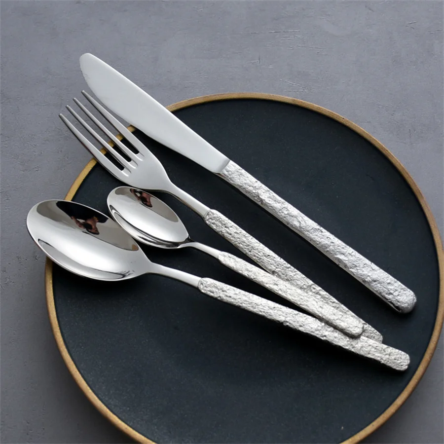 Elegant And Atmospheric 304 Stainless Steel Knife, Fork, Spoon, Household Rock Texture Handle, Western Tableware