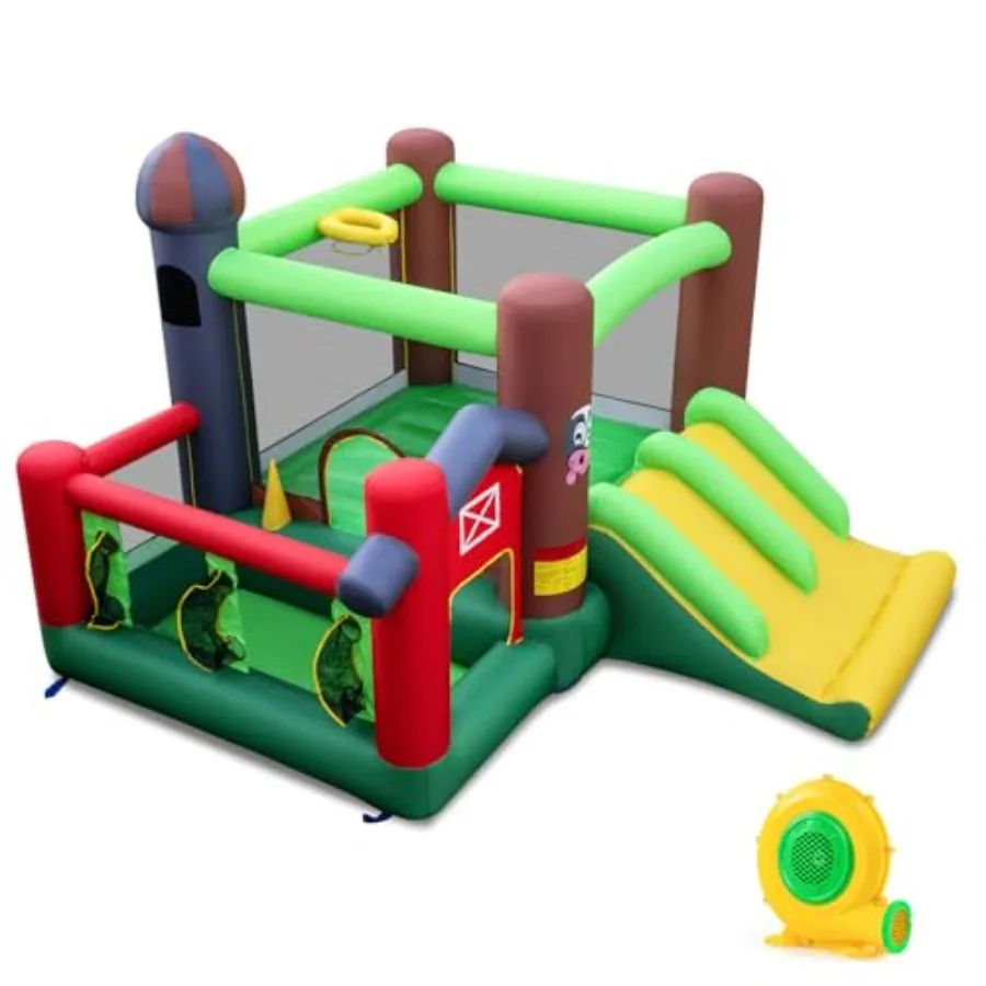 

Inflatable Bounce 6-in-1 Bouncer Castle with Double Slides Jump Area Ocean Balls Basketball Rim Trampoline Pitching Game Ball B