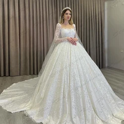 2024 Luxury Women's Wedding Dress Glitter Lace Applique Elegant Long Sleeved Princess Bridal Gowns Formal Beach Party Customized