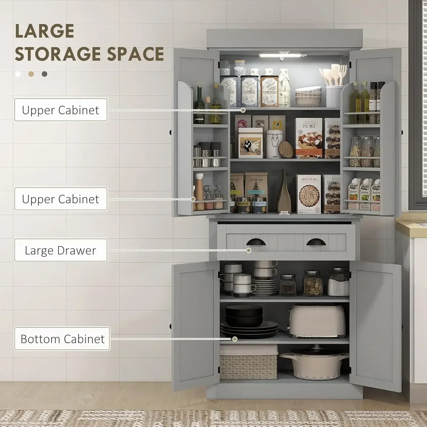 [Precio con descuento, ¡gran oferta! ] Gabinete de despensa de cocina de 71" con luz con sensor de movimiento, gabinete de almacenamiento alto con estantes de 6 puertas, para L