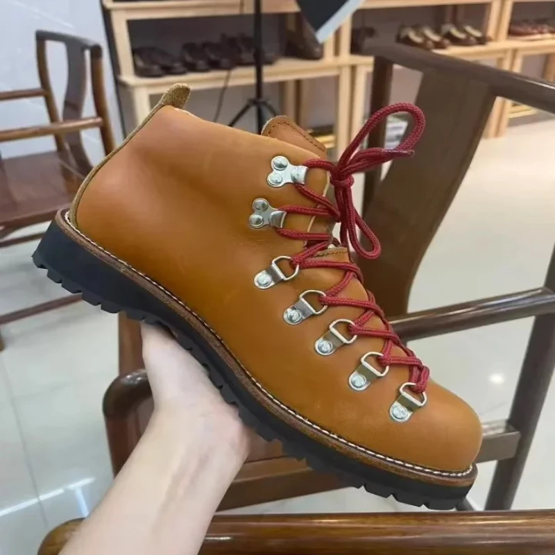 Vintage Men\'s Leather Ankle Boots – Retro Mountaineering Shoes, Genuine Leather, Lace-Up Outdoor & Casual Boots