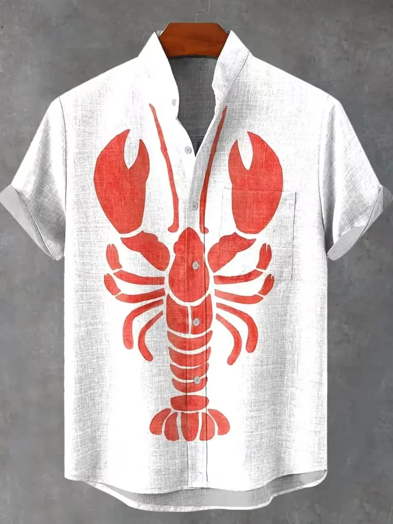 

Lobster pattern print, men's fashionable short sleeved shirt, loose top, outdoor street, casual and comfortable