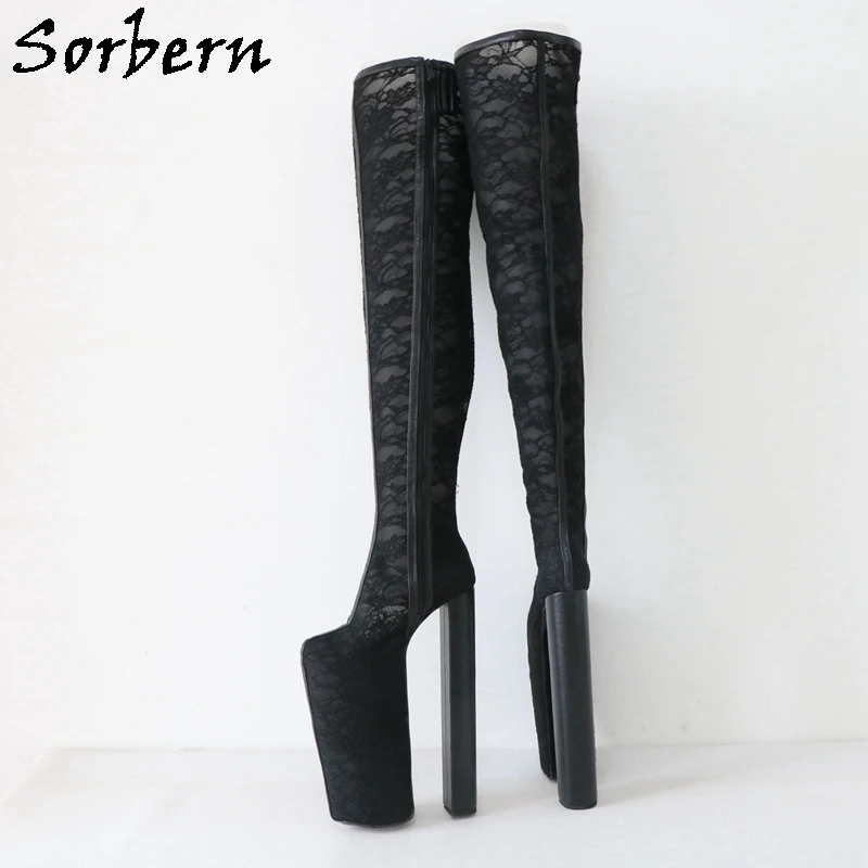 Sorbern 30Cm Block Heel Women Boots Black Lace Over The Knee Platform Shoes Custom Fetish Drag Queen Boot Cosplay Heeled