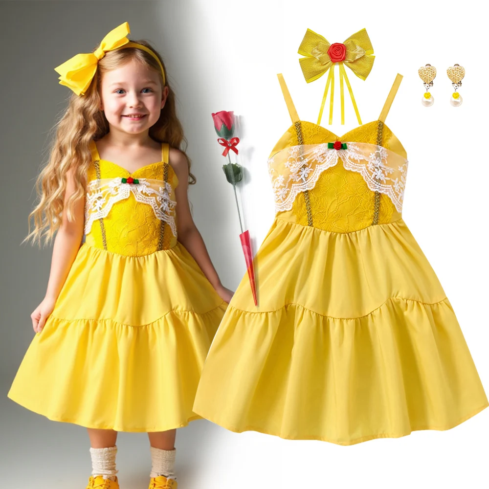 

Summer Girl Dress Princess Belle Yellow Casual Dresses with Lace Sleeveless Outfits 2-10Y Children Clothing Daily Fashion Korea