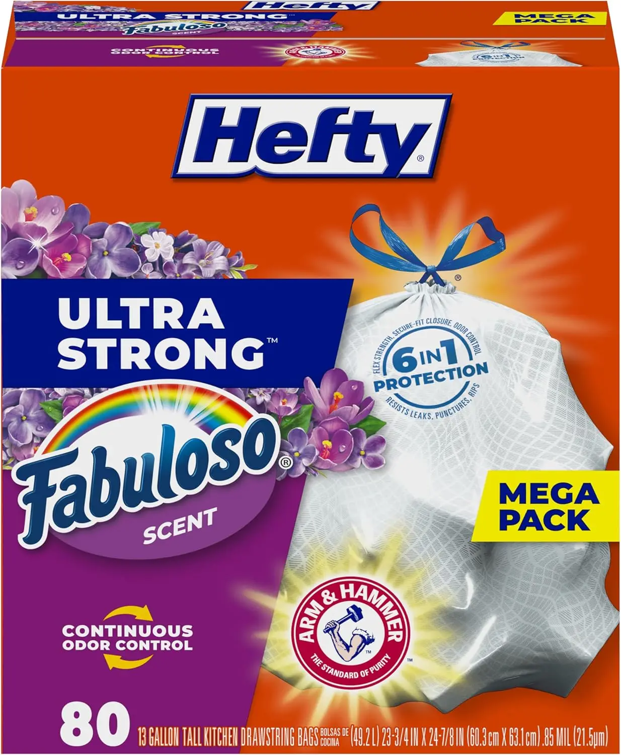 

13 Gallon Strong Kitchen Trash Bags, 80 Count with Odor Control and Fresh Scent, Leak and Tear Resistant