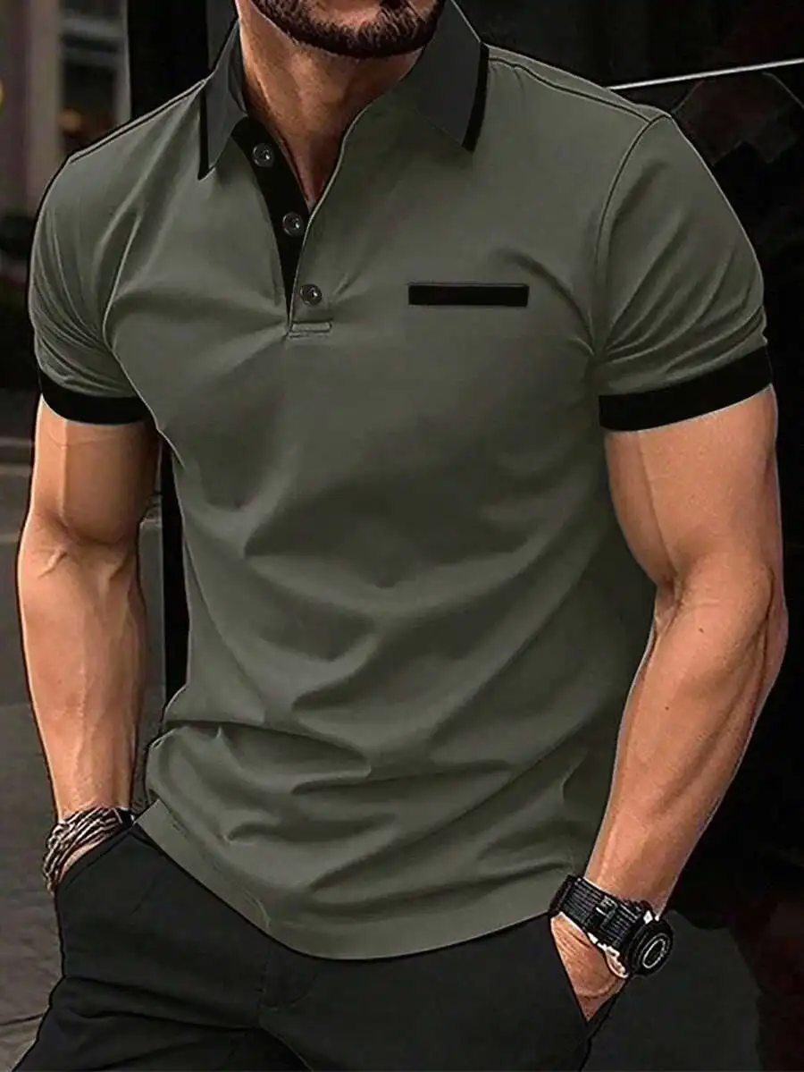 

Men's Olive Green Contrast Trim Short Sleeve Casual Polo Shirt